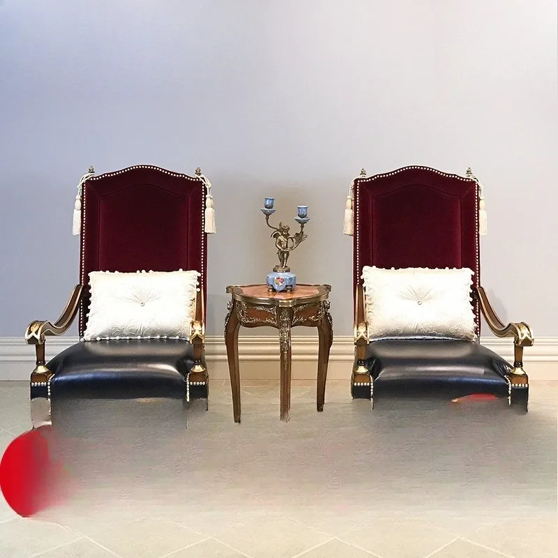 Neoclassical high-backed chair leather copper king chair solid wood hand-carved