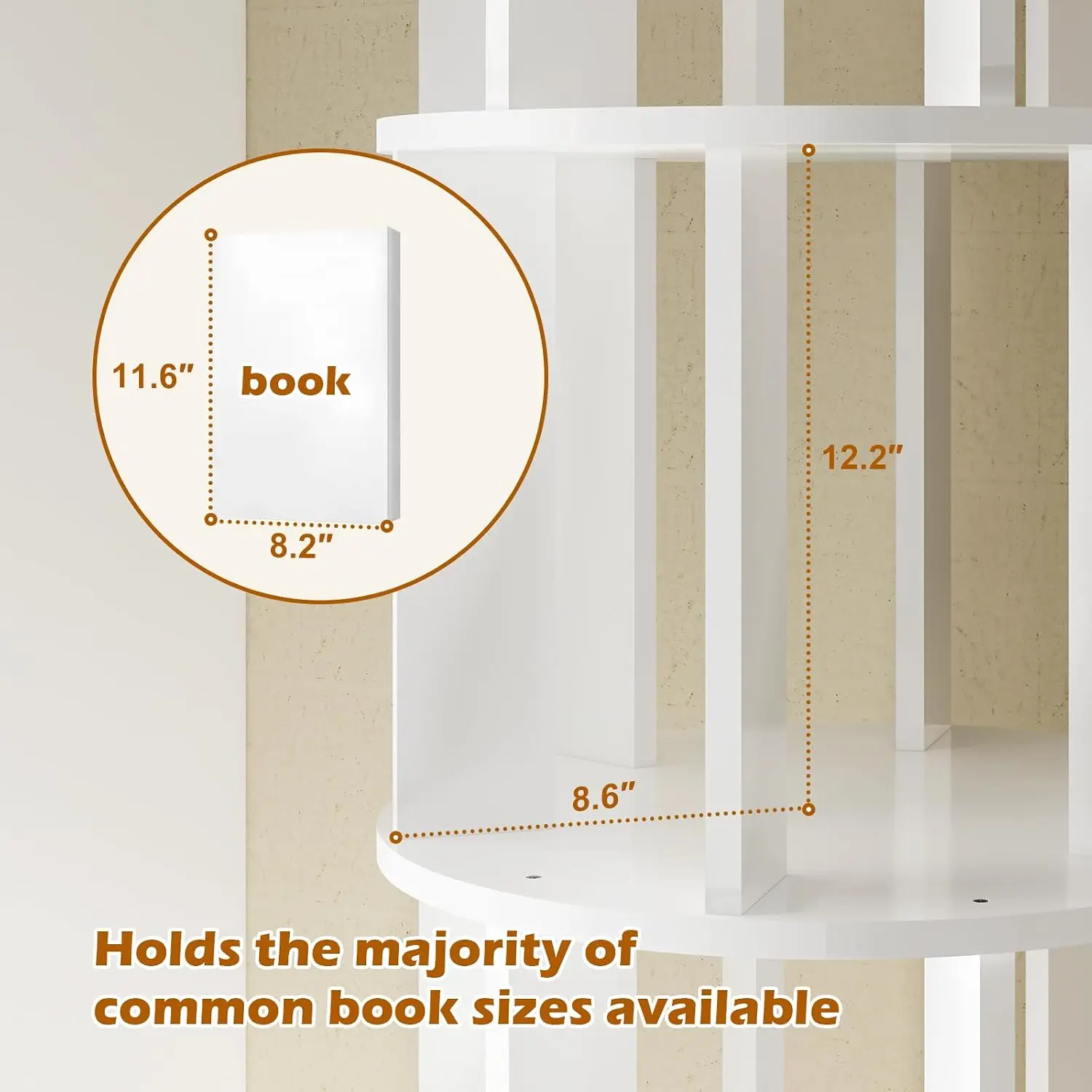 5 Tier 360° Rotating Bookshelf with Wheels, Round Revolving Rack, Space Saving Corner Tower for Living Room Customized
