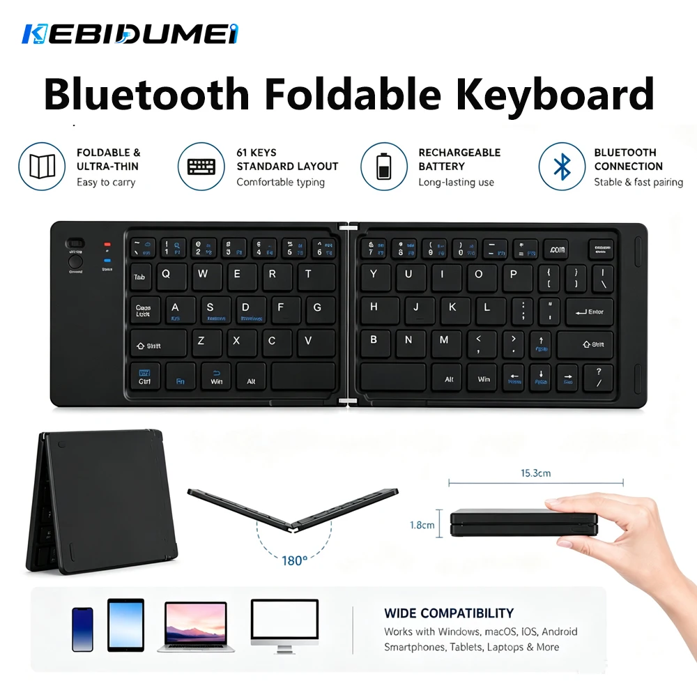 KEBIDUEMEI Bluetooth Foldable Keyboard Mini Rechargeable Keyboard Portable Slim Keyboard Computer Accessories For Window Android