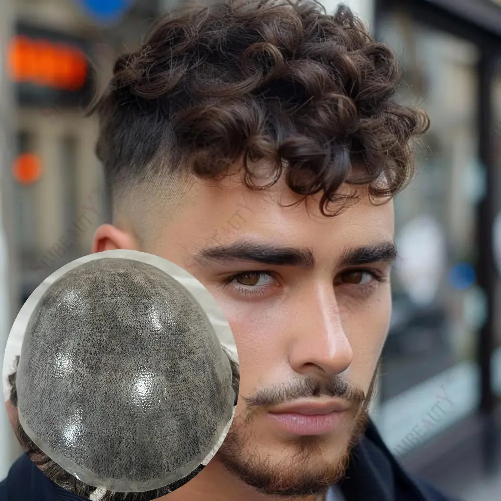 

20 мм вьющиеся мужские волосы, капиллярный протез, система натуральных волос, тонкая кожа, полная искусственная кожа, мужской парик, коричневый, черный, серый, парик из человеческих волос