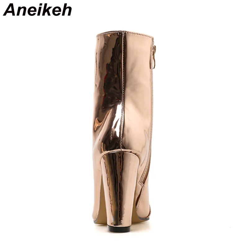 Aneikeh 2025 Spring Fashion Silver Patent Leather Women Ankle Boots Pointed Toe Square High Heels Shoes Chelsea Botas De Mujer