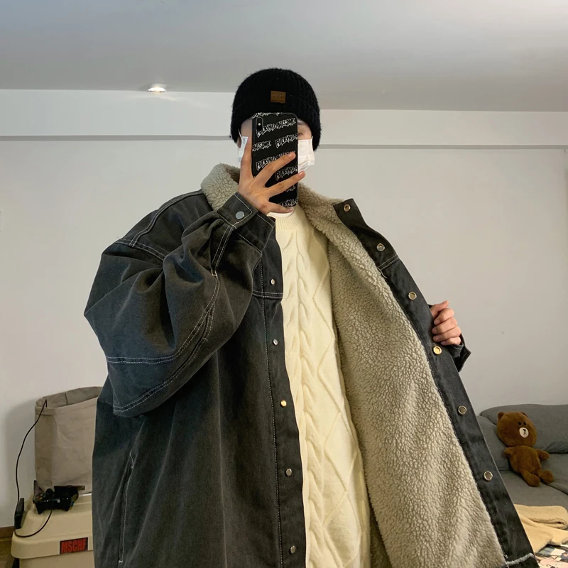 

Japanese Sle Winter Vintage Lamb Fur Denim Cotton Jaet Men's Trendy Fce Lined Thiened INS Brand Pure Color Outerwear