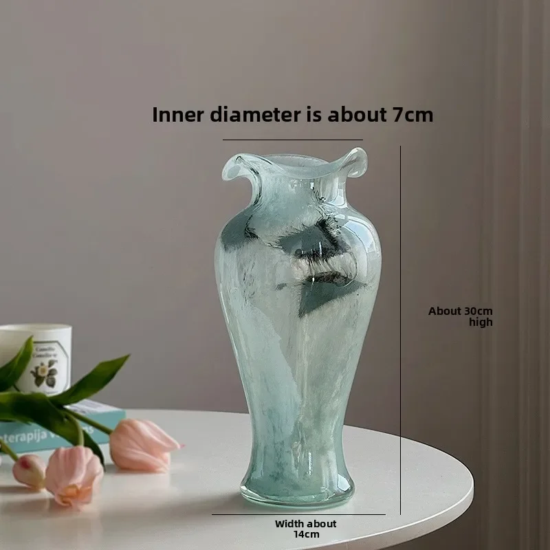 Blue transparent glass vase Chinese style retro lace decorative flower ornament living room entrance flower arrangement hydropon