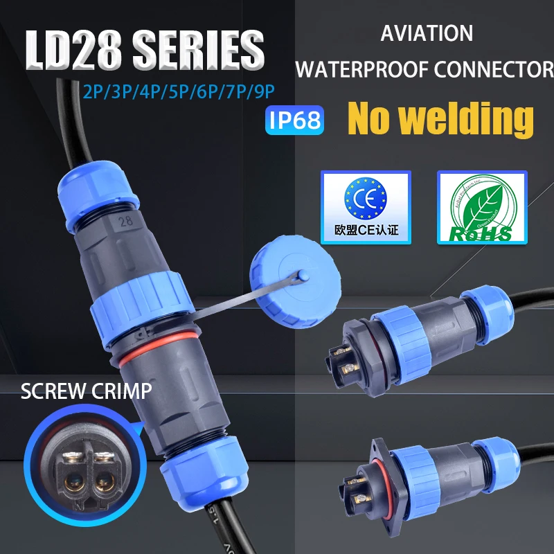 

IP68 LD28 Waterproof Connector 2/3/4/5/6/7/9Pin Screw Wiring Cable Connector Male/Female Aviation Plug Socket Nut/Square/Docking