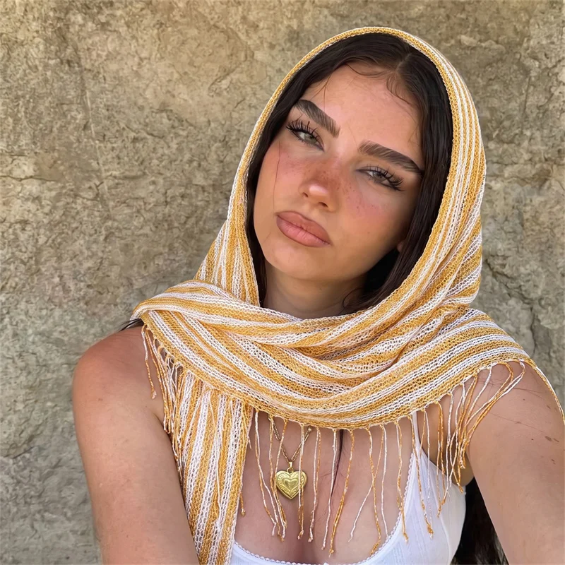 Women Metallic Yarn Stripe Triangle Scarf Tassel Fringe Knit Shawl Multi‑Way Wear Headscarf Beach Wrap Cover‑Up For Festival