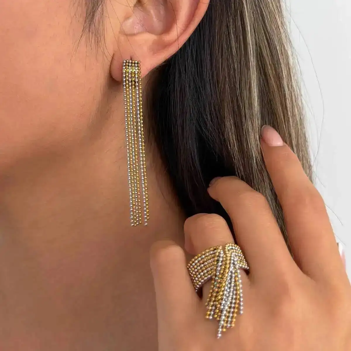 

Ingemark Unique Stainless Steel Bead Tassel Drop Earrings Rings Set Women Personalized 18K Gold Plated Waterproof Jewelry Set