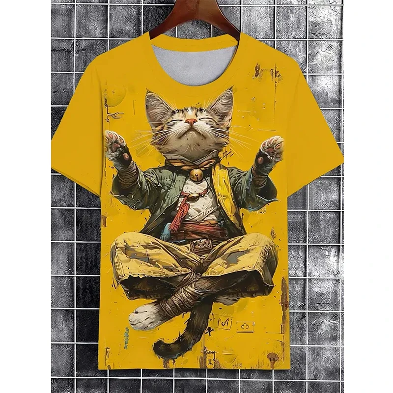 Lustiges Katzenmuster-T-Shirt für Männer, Persönlichkeit, Tier, 3D-gedruckt, Vintage-T-Shirts im japanischen Stil, Sommer-Kurzarm-Freizeit-T-Shirts