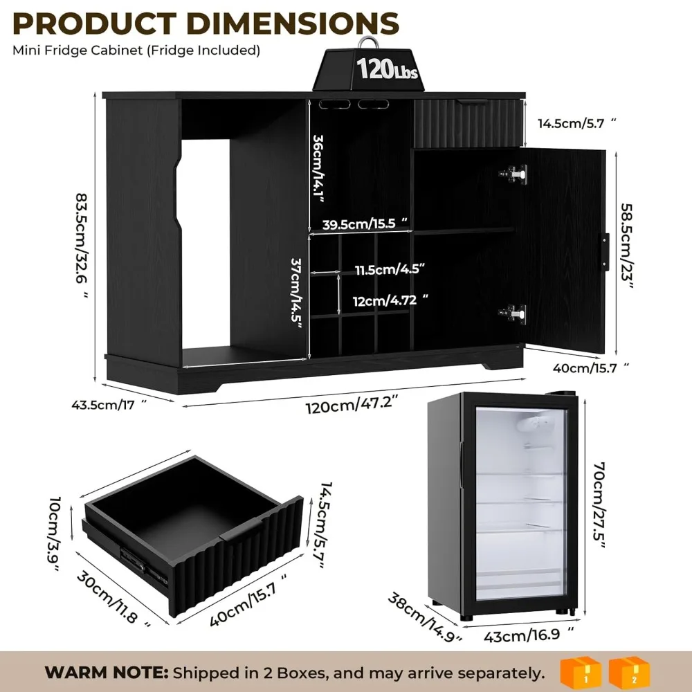 Armário de Bar para Vinhos com Frigobar (Frigobar Incluído), Armário de Café de 47 polegadas com Suporte para Vinhos e Copos, Personalizado
