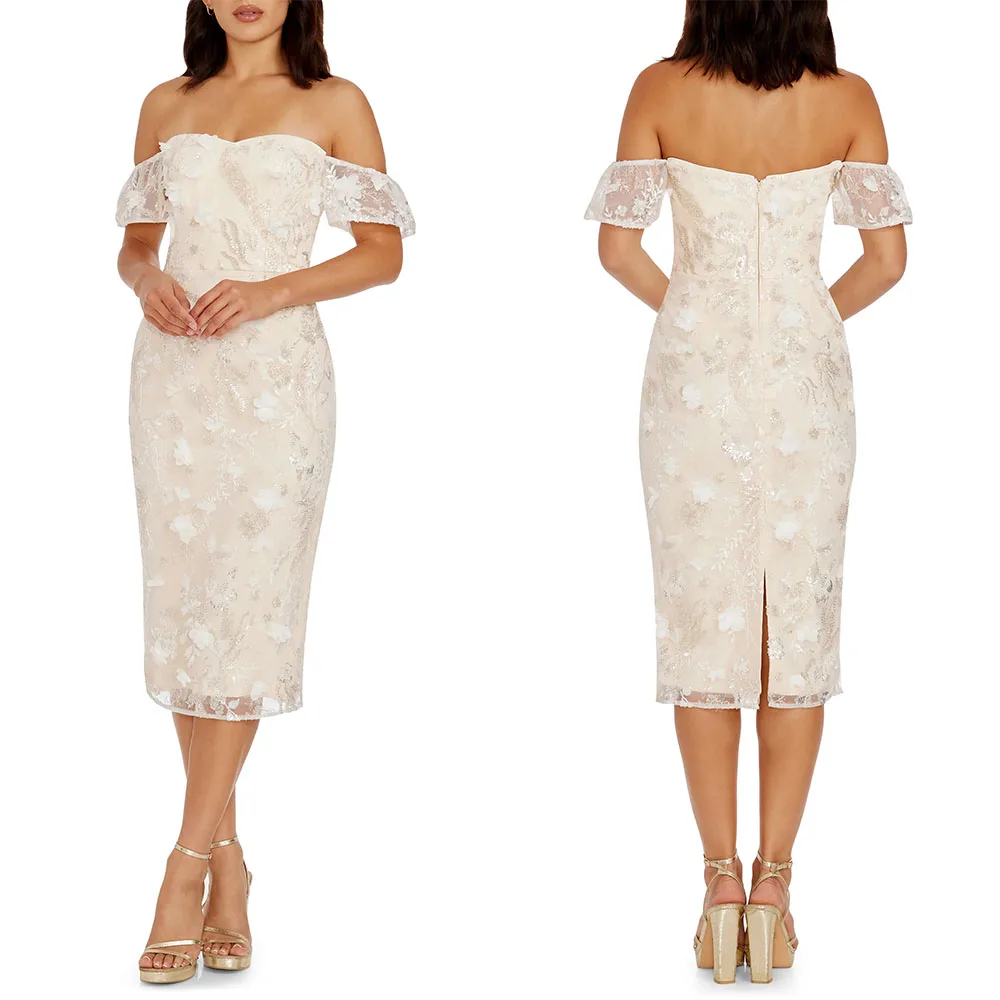 Customized Sweetheart Tea Length Backless Off Shoulder Flowers Straight Elegant Dress Women for Wedding Party فساتين حفلات Dress