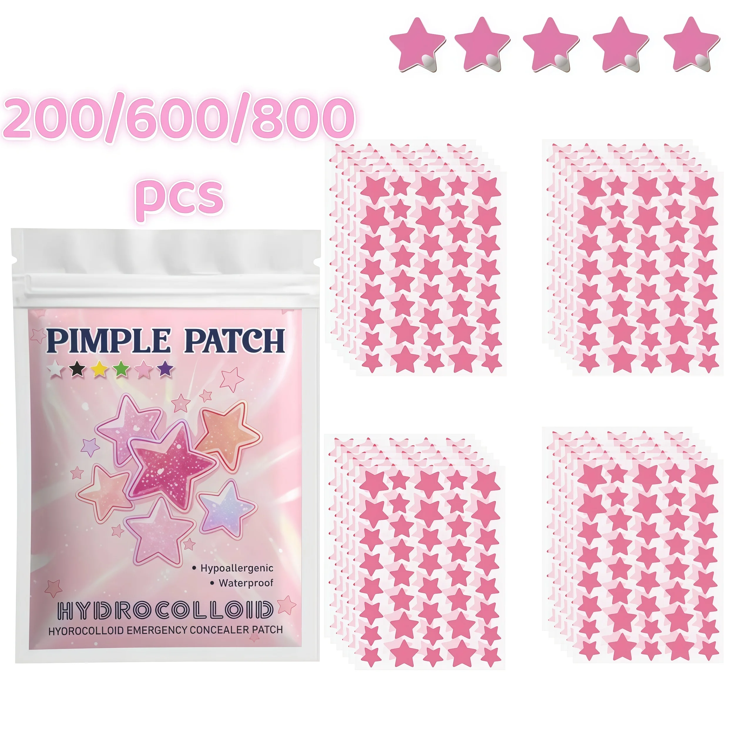200/600/800pcs Pink Star Hydrocolloid Patches, Cute Invisible Spot Covers, Multi Size