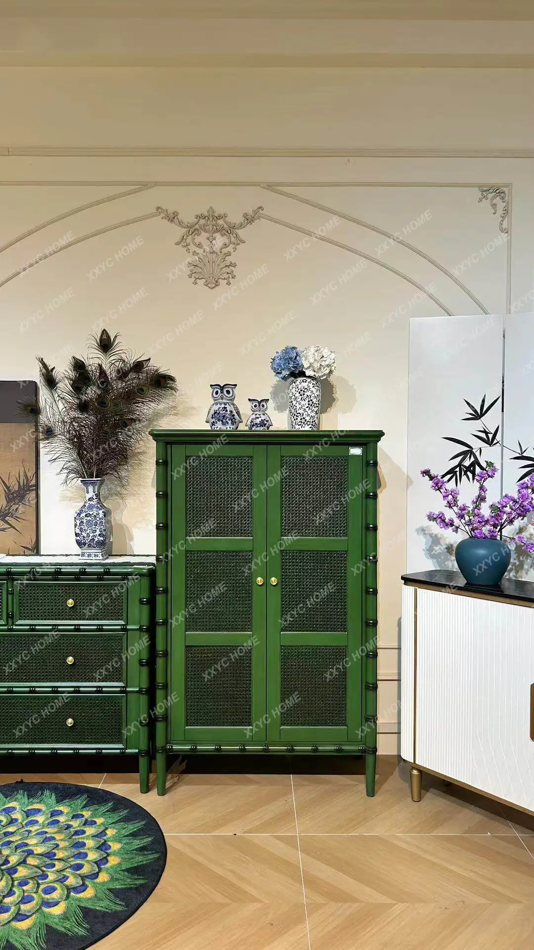 

retro dining side bamboo cabinet solid wood rattan antique living room entrance cabinet