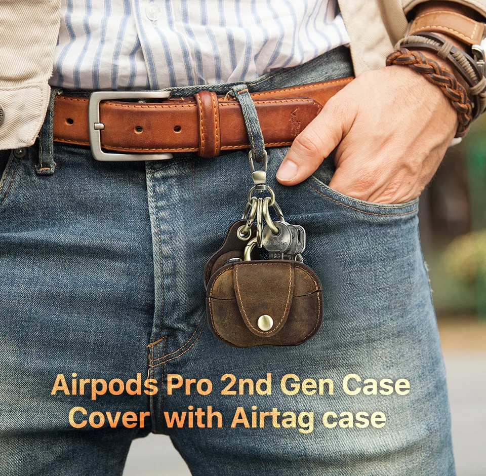 Retro-Rindslederhüllen für AirPods Pro 2 und Airtag, Leder-Ladebox, kabelloses Bluetooth-Zubehör mit Schlüsselanhänger – Detail 1