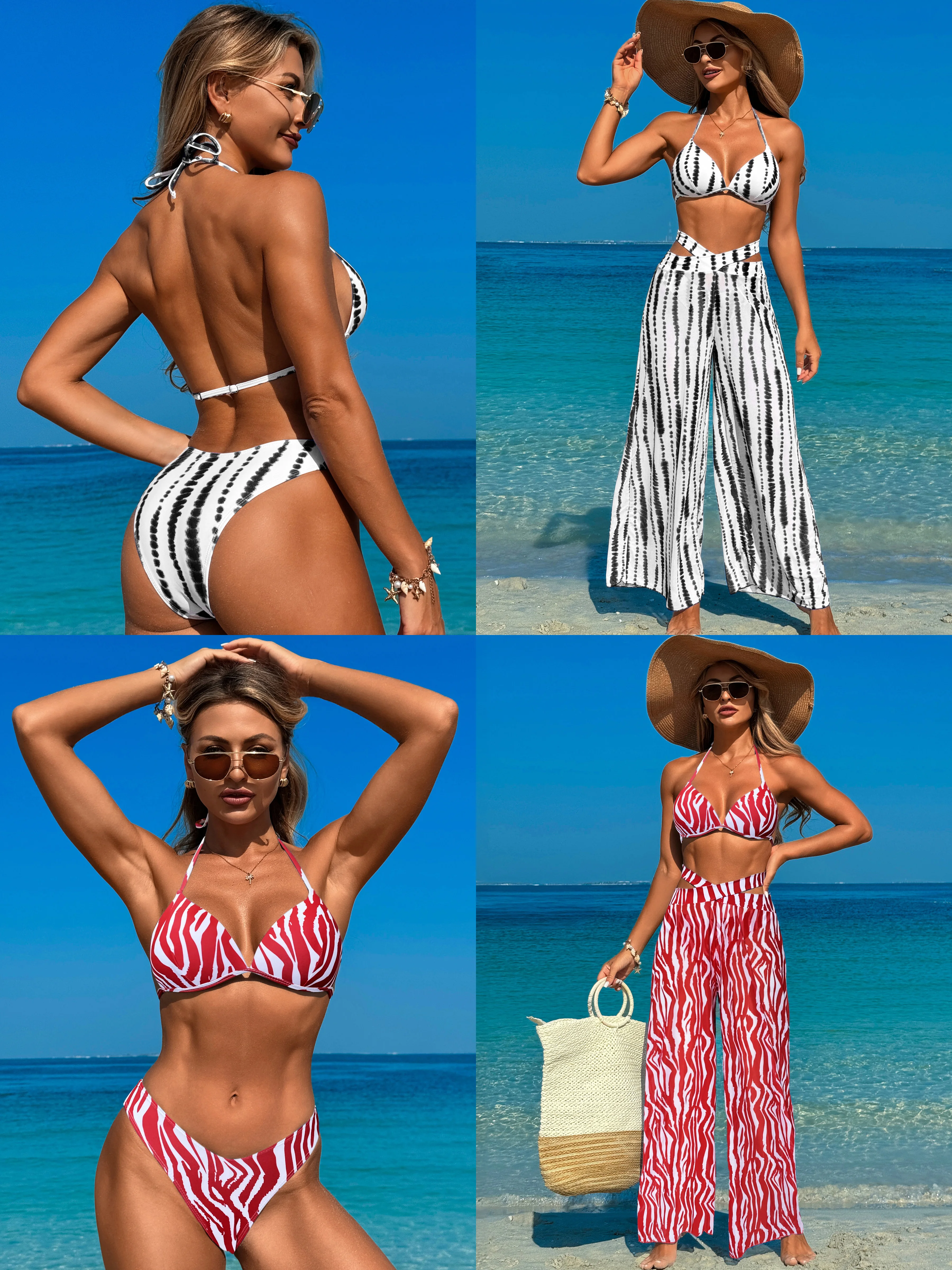 Bikini sexy de malla transparente con escote en V profundo, vendaje acolchado con cordón, traje de baño de tres piezas, vacaciones en la playa de verano