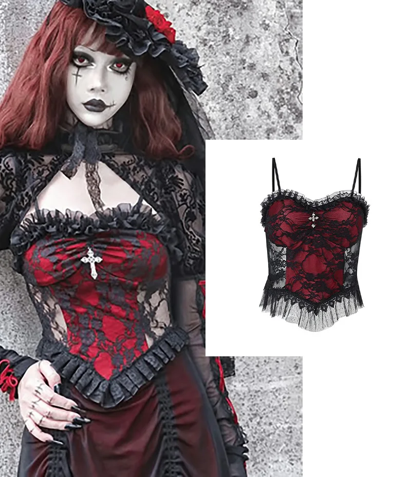 European American Style Dark Goth Sexy Low-cut Short Hot Girl Red Series Cool Spicy Girl Niche Chic Suspender Small Vest Woman