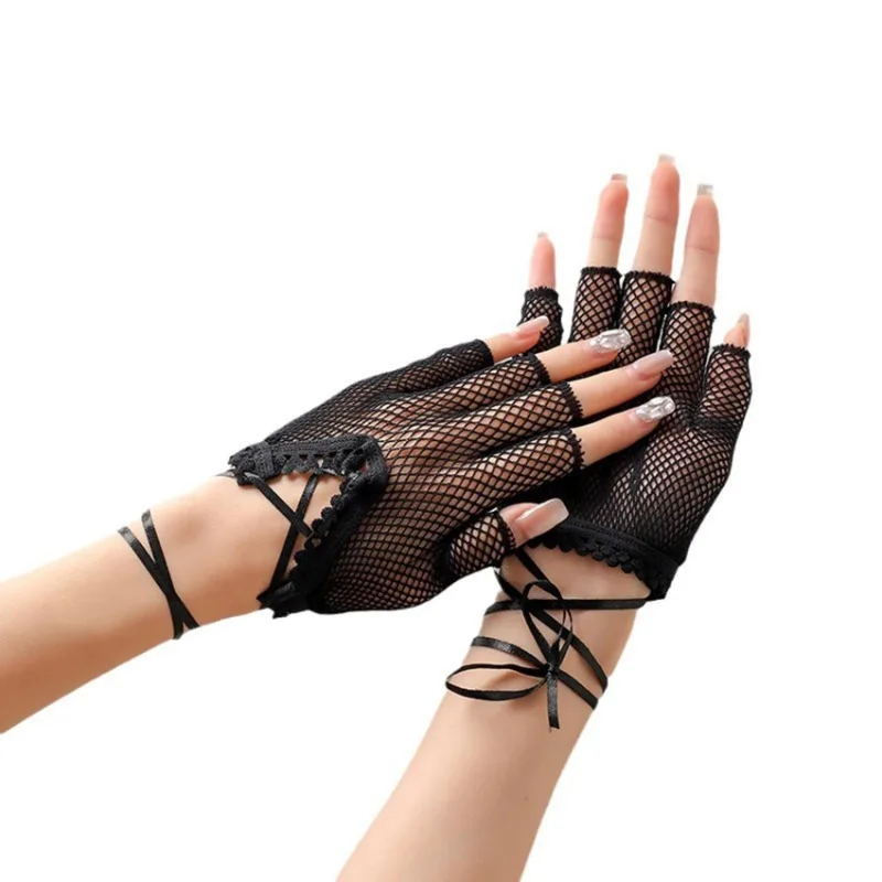 New Design Women Sexy Bandage Fingerless Gloves Gothic DIY Strapping Sunscreen Sleeve Lolita Jk Emo Y2k Elastic Mesh Punk Gloves