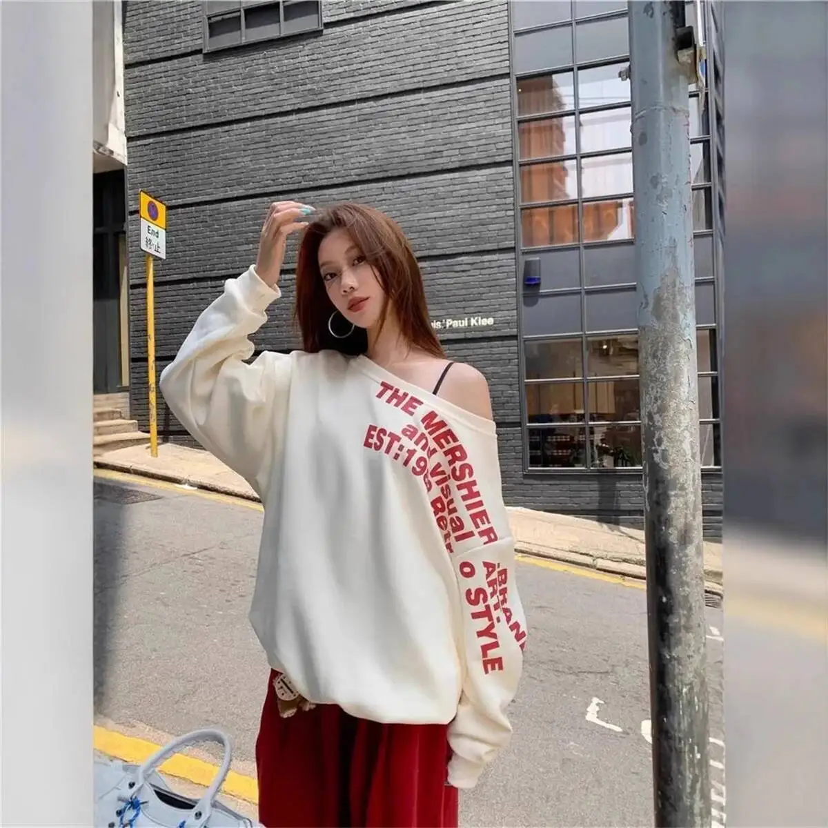 Y2k sexy oversize truien dames streetwear print off-shoulder lange mouw basic top dame herfst winter Koreaanse mode sweatshirt