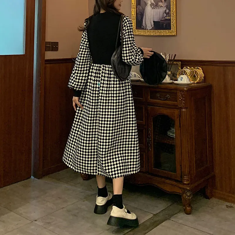 Vintage French Style Midi Dress Women's Clothing Plaid Patchwork Spring Autumn New Commute A-Line Fashion Drawstring Bow Dresses