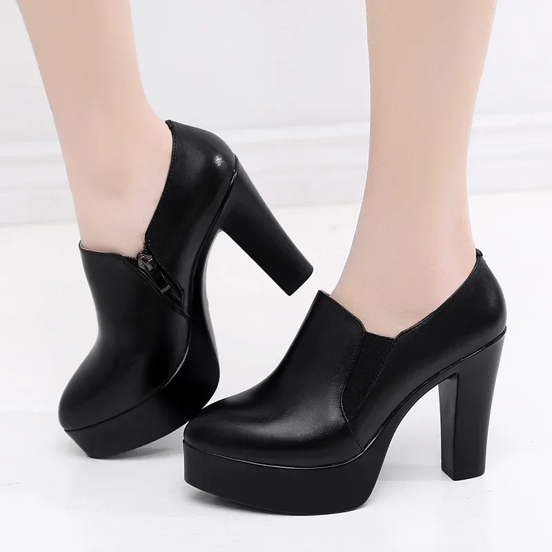 Deep Mouth Platform Pumps Block Heel Shoes 2026 Fall Split Leather Shoes Women High Heels Office Party Shoe 41 42 43