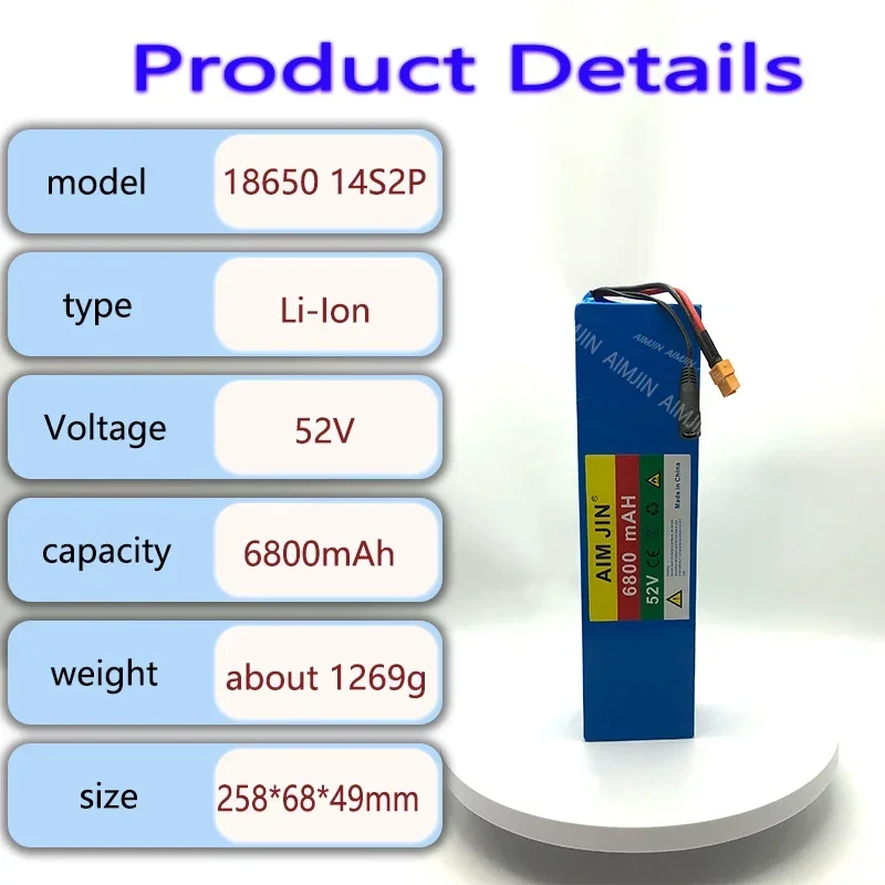 Batería de iones de litio de 52V, 6800mAh, 18650, 14S2P, para bicicleta, Scooter, motocicleta, batería de repuesto con BMS, enchufes múltiples para elegir