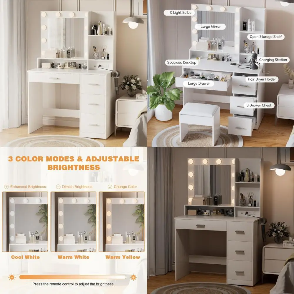Makeup Desk with Mirror, Power Outlet, 10 Lights, 4 Drawers, 3 Color Modes for Bedroom