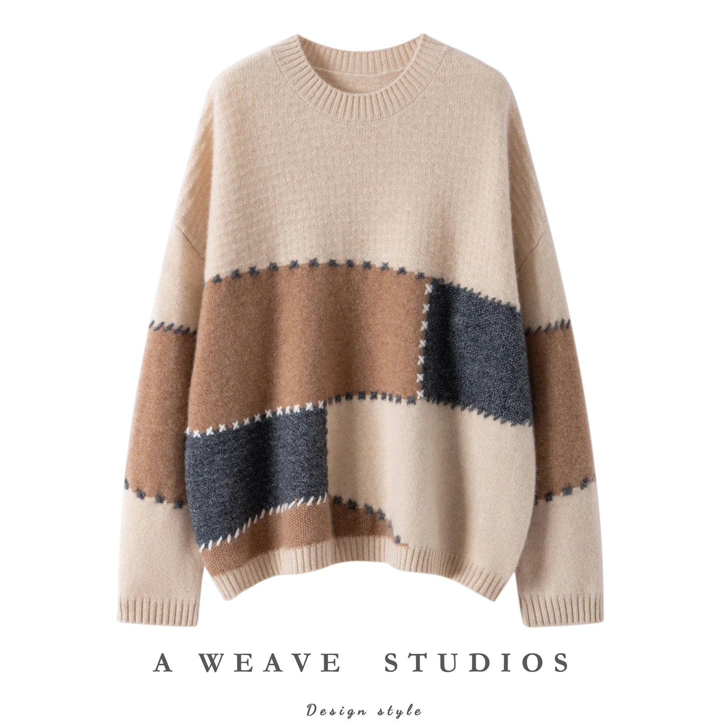 Women's 100% Cashmere Sweater O-neck Pullover Chic Color Block Casual Grace Loose Thick Pullover Autumn Winter Cashmere Tops