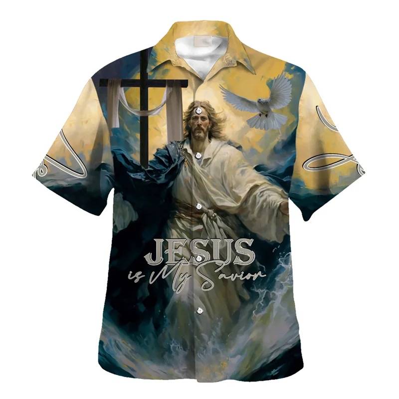 Retro Jesus Graphic Hawaiian Shirt For Men Clothes 3D Printed Christianity Shirts Tops Summer Street Short Sleeves Button Blouse