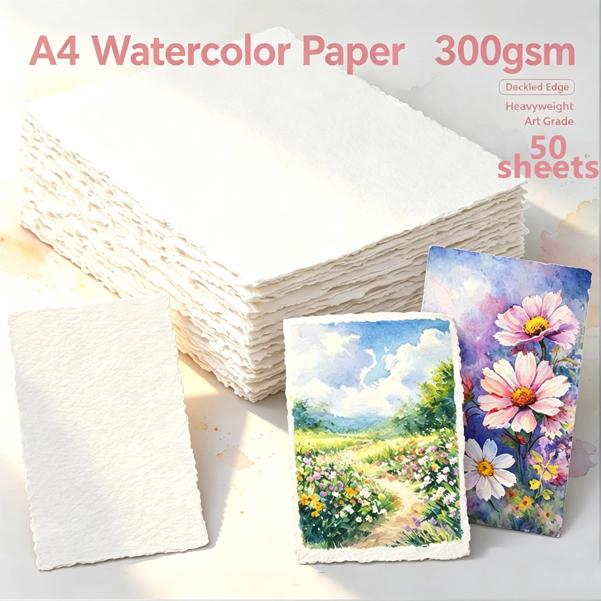 A4 50Sheets 8.27x11.69In Watercolor Paper  Cold Press Handmade Cotton Paper,300gsm for Watercolor Painting,Drawing,Calligraphy