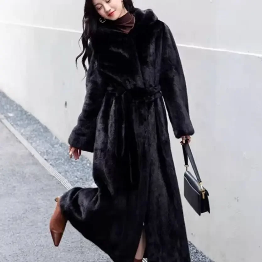 

Women Thick Maxi Jacket Y2k Autumn Winter Belt Faux Fur Maxi Coat Long Warm Luxury Belt Fur Black Parkas Furry Outerwear