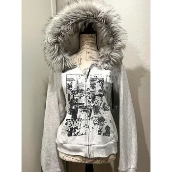 Grey Faux Fur Wool Double Zipper Jacket Hoodies Women's Slim Waist Hooded Vintage Y2k…