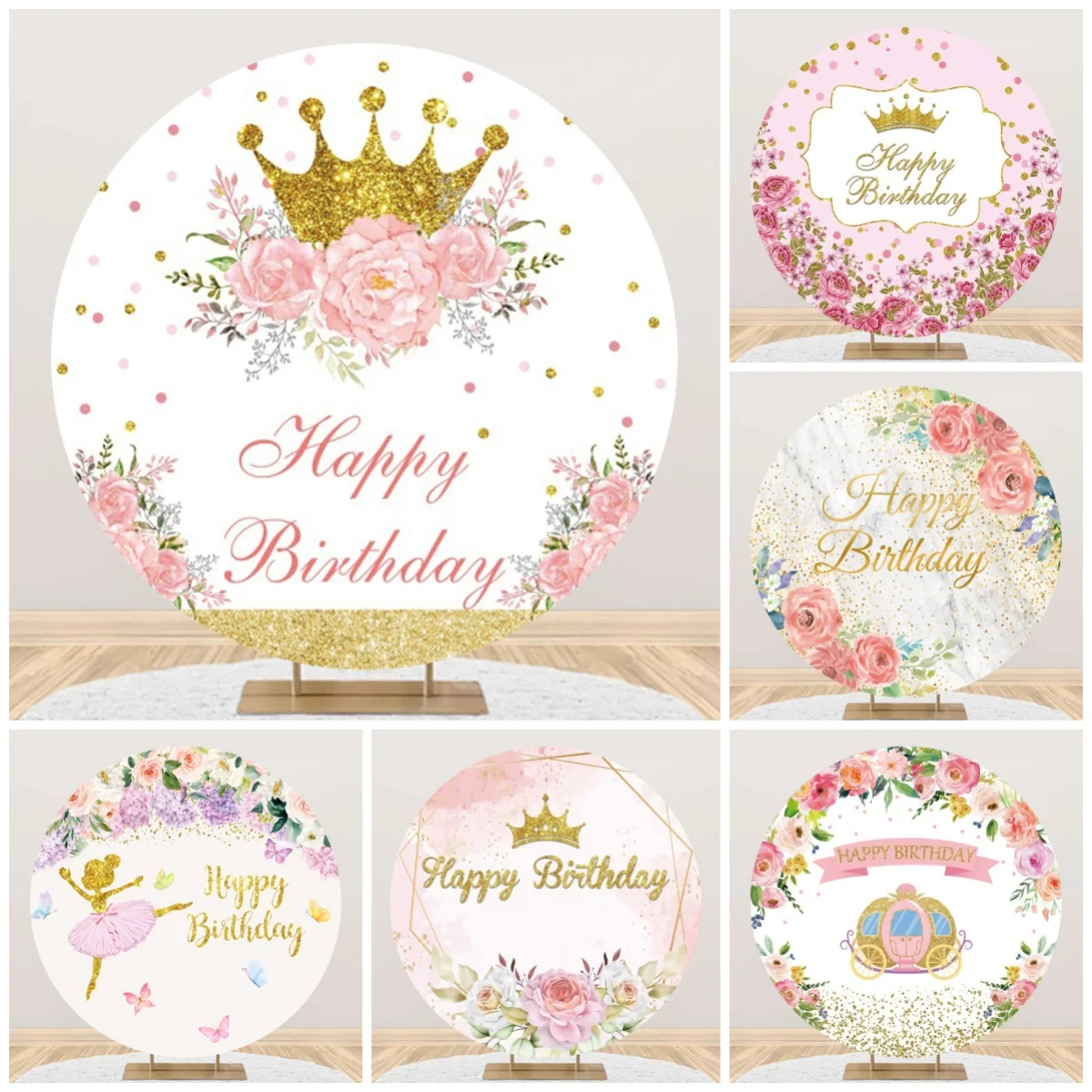 Girls Birthday Round Backdrop Cover Pink Floral Golden Crown Decor Baby Shower Kids portrait Circle Background Photography Props