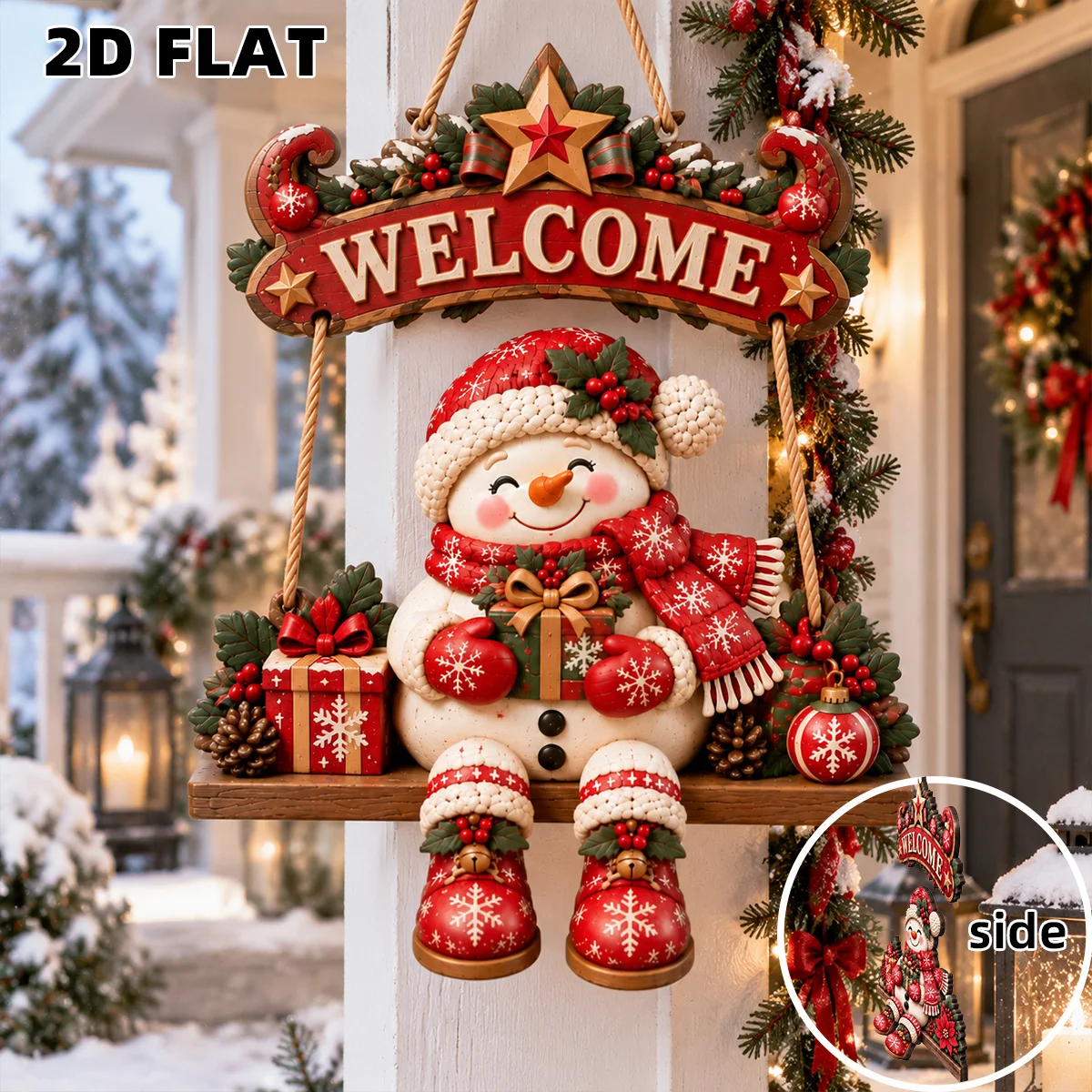 2D Wooden Christmas Plaque, Retro Rustic Swing Snowman Welcome Sign, Tabletop Home Decor, Holiday Gift