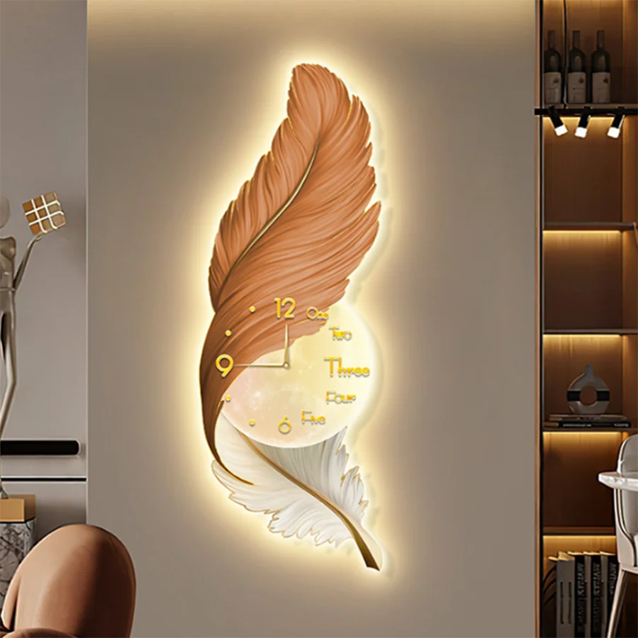 

LED Wall Lamp Feather Creative Clock High-end Feeling Bedroom Bedside Corridor Living Room Decoration Painting Clock Wall Lamp