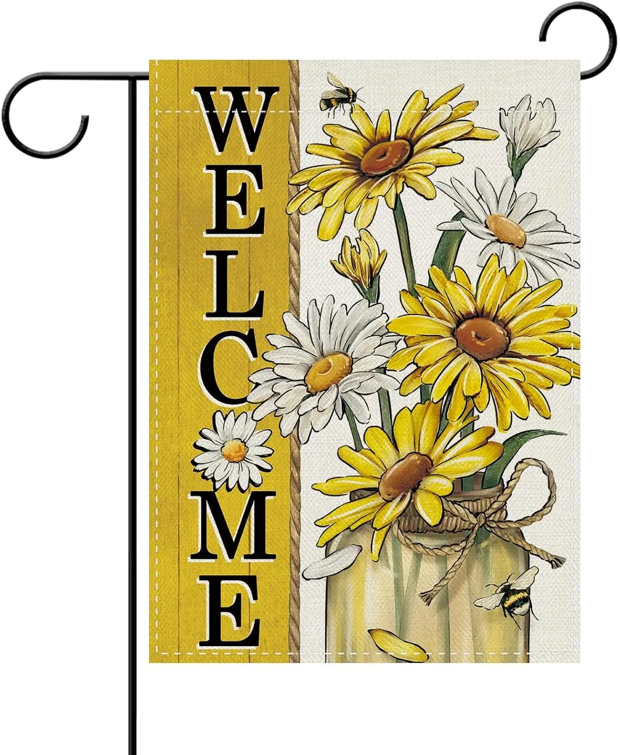 Dyrenson Welcome Spring Summer Daisy Flower Decorative Garden Flag, Yellow White Floral Mason Jar Bee Yard Outside Home Deco AAS