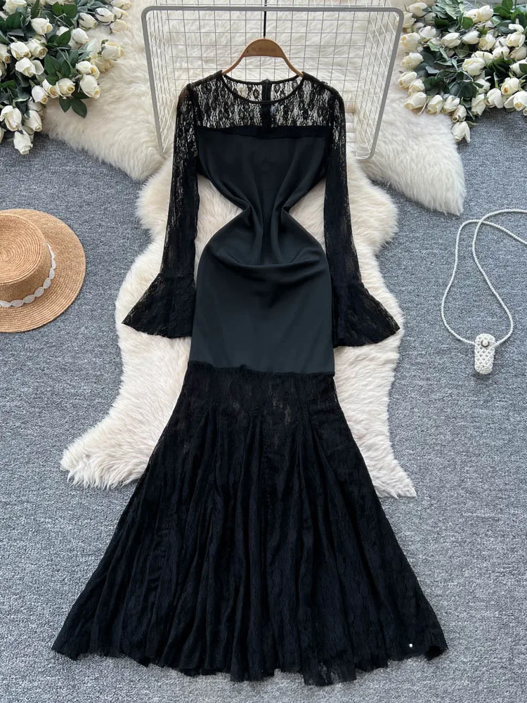 Ele renda longa sve sereia vestido feminino fino ajuste fi cauda dr cintura alta emenda ci commute verão faion dr