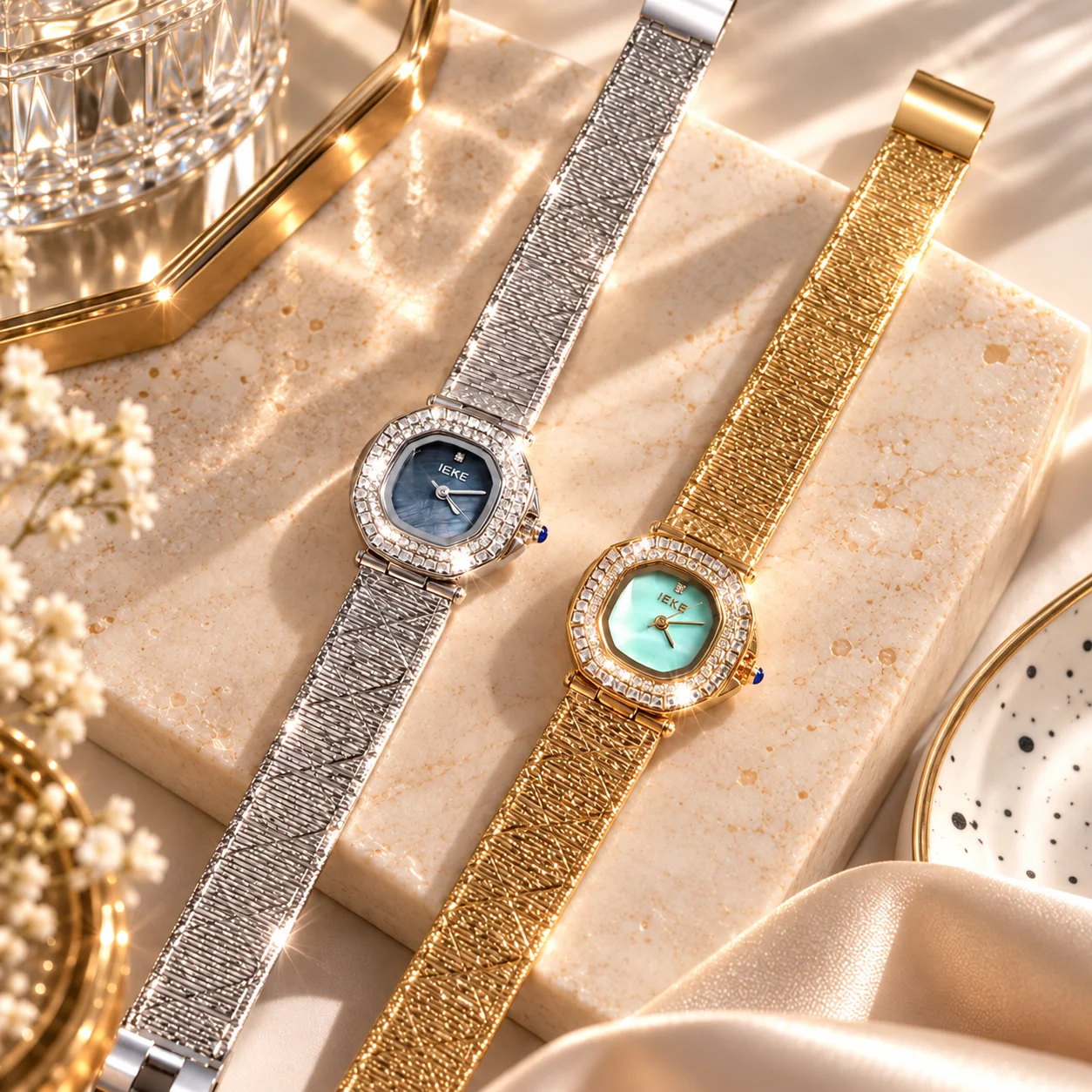 KAIRIS Women's Gold Quartz Watch Green Dial Crystal Bezel Luxury Bracelet Elegant Fashion Jewelry Wristwatch for Ladies