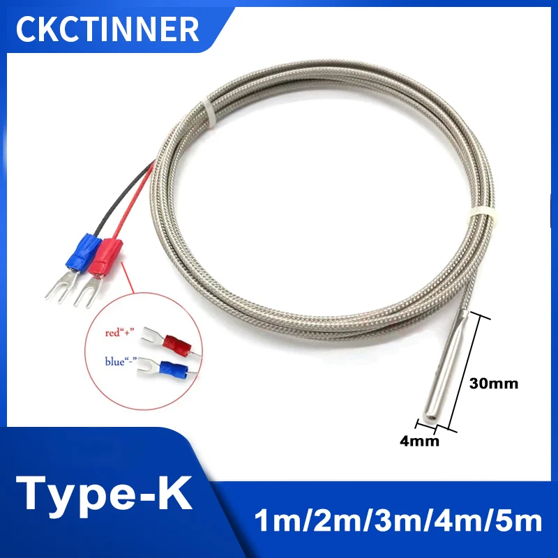 4*30mm Type K Thermocouple 1/2/3/4/5M Probe Type Shielded Braide Wire Thermocouple Temperature Sensor For Temperature Controller