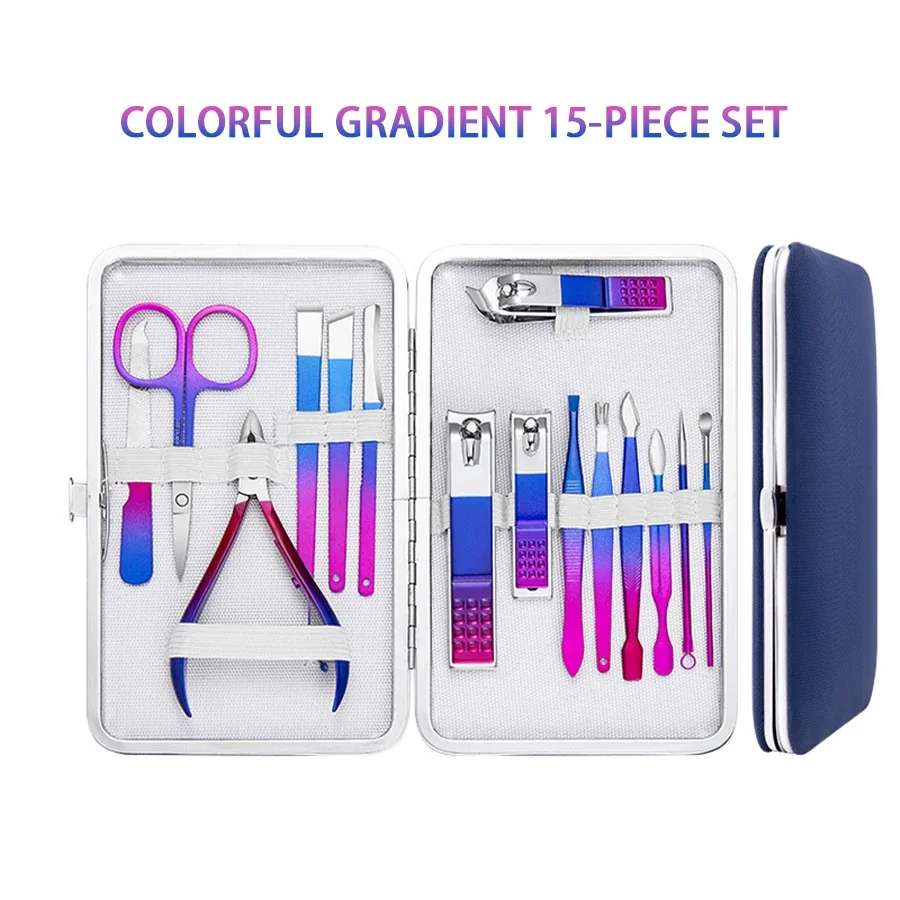 Christmas Gifts Dazzling Colorful Stainless Steel 7-15 Piece Beauty Nail and Eyebrow Repair Set Manicure Set Nail Clippers