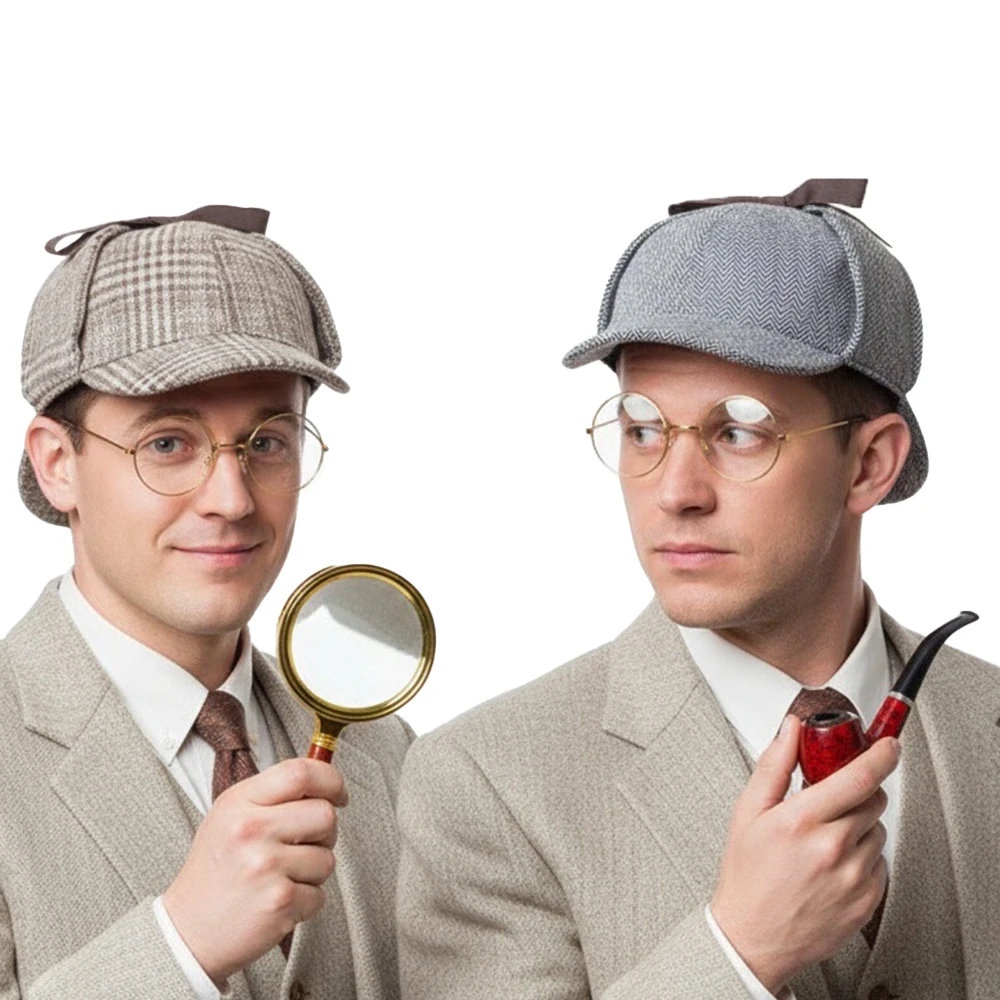Detective Cap Deer-Skin Hat Set with Magnifying Glass and Pipe Cosplay Costume Accessories for Men and Women Deerstalker Hat