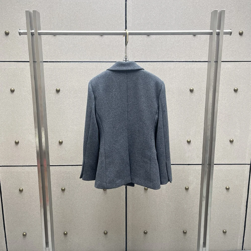 Elegant Women Wool Blend Suit Jacket Single Breasted Slim Fit Long Sleeve Gray Tweed Office Business Ladies Blazer Coat