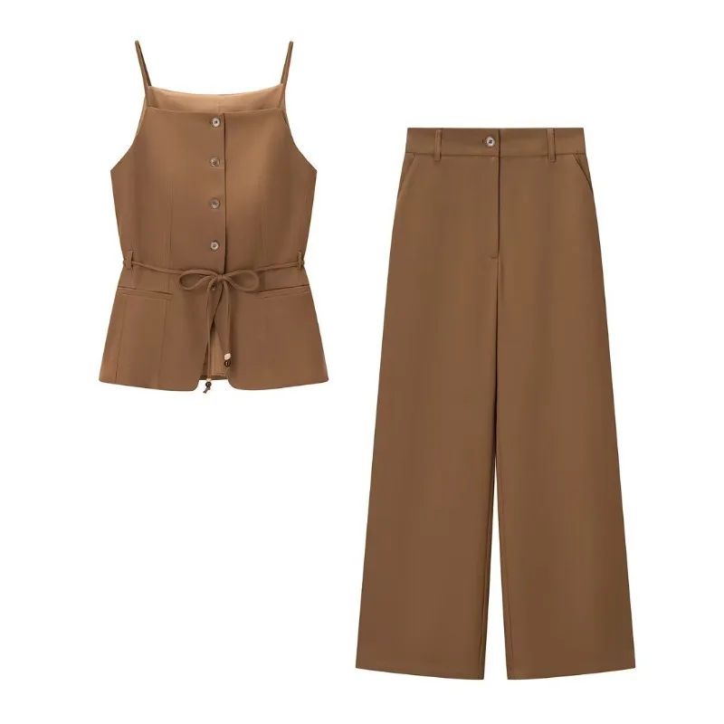 

European and American Style New Women's Clothing Western-style Fashionable Beaded Belt Vest High-waisted Straight-leg Pants New
