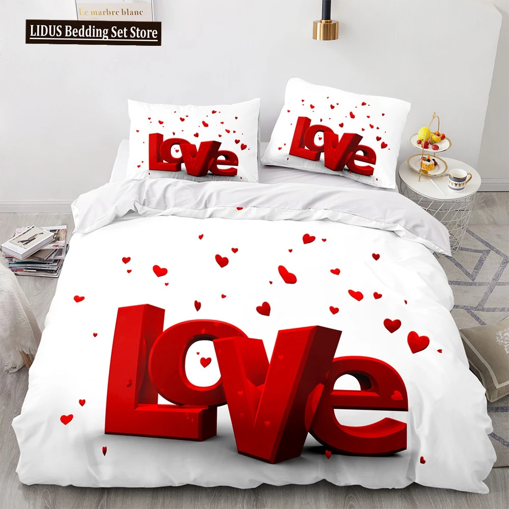 

Love Duvet Cover Queen Heart Shaped Bedding Sets White Romance Polyester Comforter Cover For Women Men Boys Girls Teen King Size