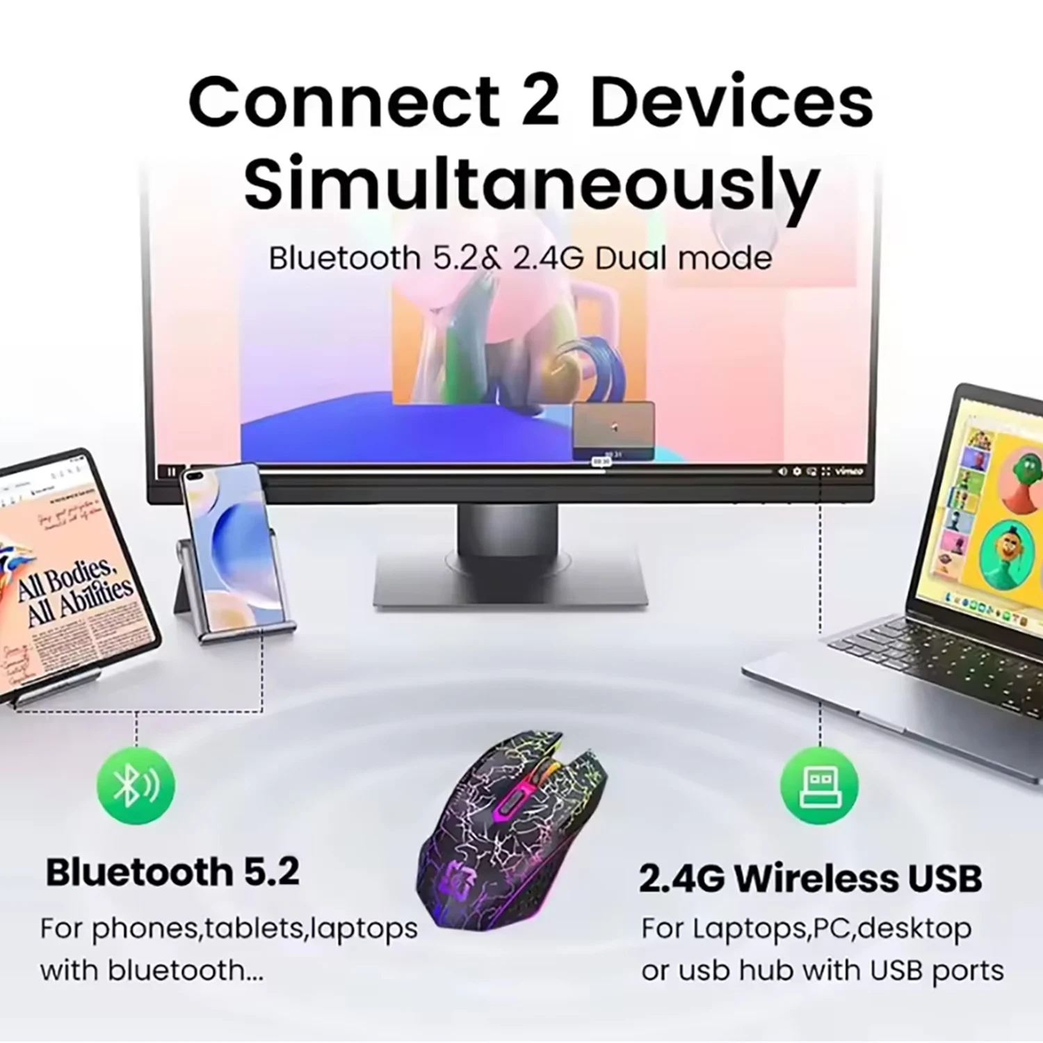 ماوس بلوتوث 2.4G تصميم خفيف الوزن DPI قابل للتعديل التوصيل والتشغيل زر منخفض الضوضاء أسلوب بسيط للاستخدام المكتبي أو الألعاب
