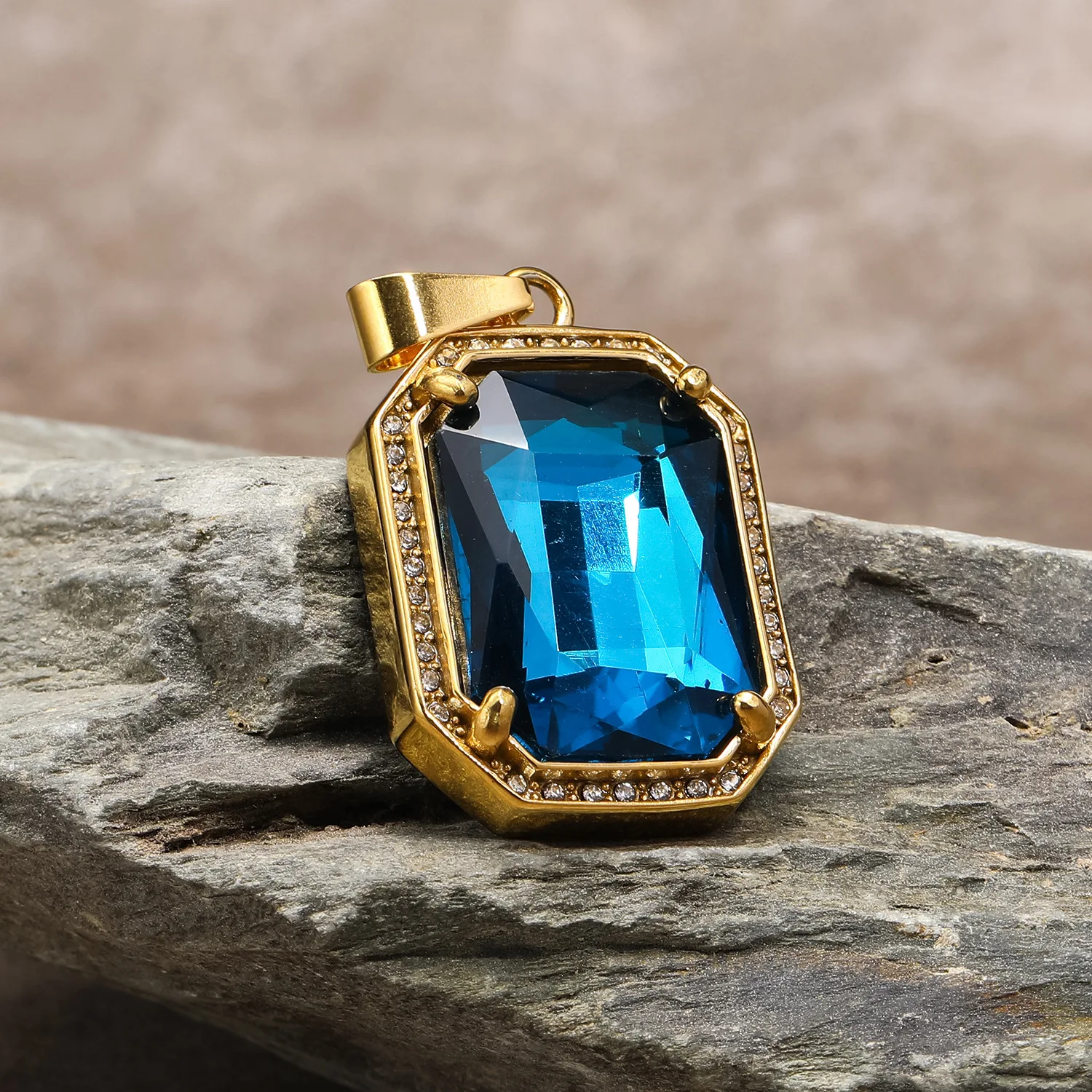 European and American Niche Hip-hop Square Multi-color Gemstone Pendant Light Luxury Stainless Steel Necklace Chain