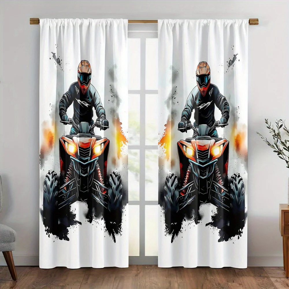 Cool Motorcycle Rider Curtain, Racing Bike Print Drape, Sports Theme Window Treatment for Boys Room Man Cave Decor