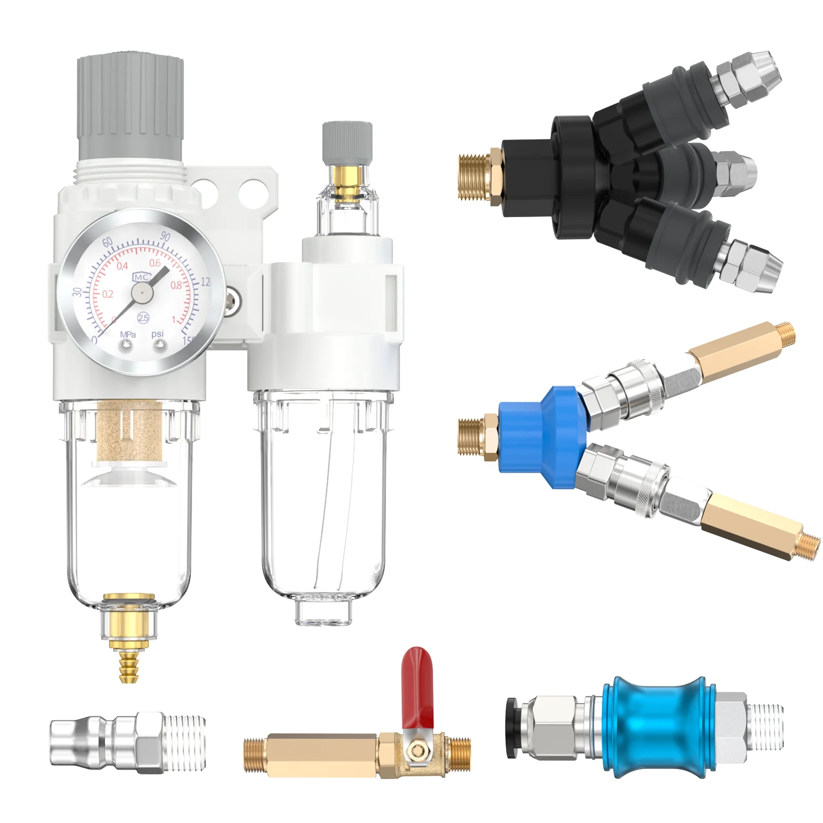 White AFC2000 PT1/4 Air Compressor Air Pump Pressure Regulating Oil-Water Separator Filter Two Way or Three-Way Connector