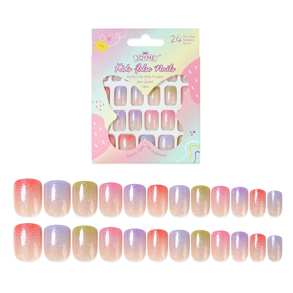 24pcs Children Press on Nails Colorful Fake Nails for Girls Bling Cute Nail Tips Little Miss Glitter False Nails for Kid