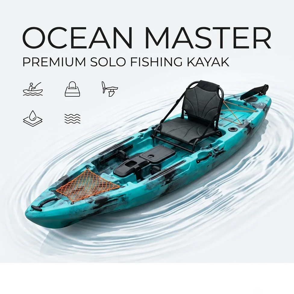Top Rated 10ft Solo Angling Fishing Kayak Teal Cyan Marbled Polyethylene Hull Canoe Boat Rudder System Aluminum Frame