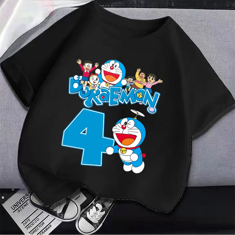 Doraemon T-shirt for Children Cute Cartoon Birthday Figure Black White Cotton Tee Short Sleeve Boy Girl Loose Clothing Kids Gift