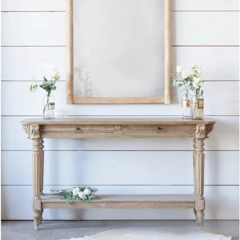 Log color porch table, retro side table in the living room, French carved open storage table