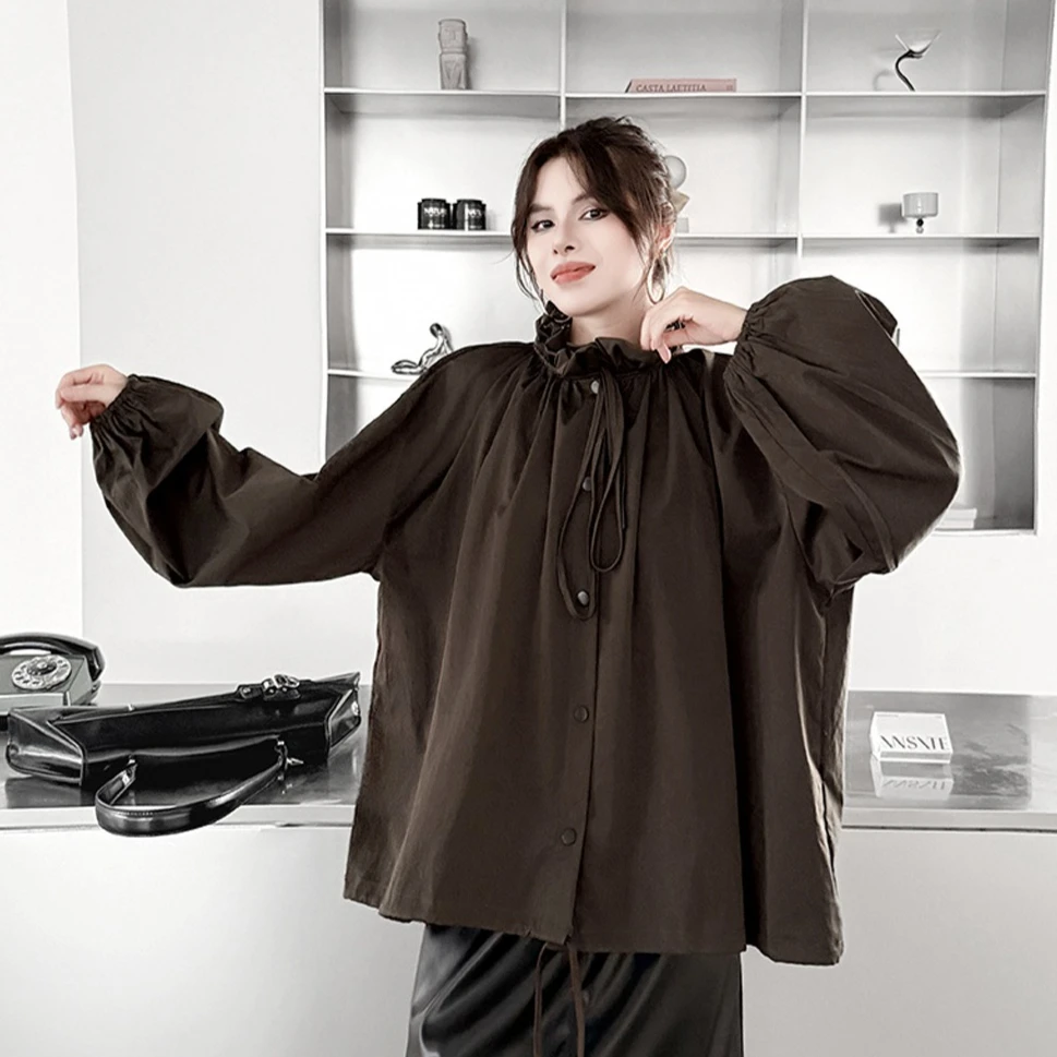SuperAen Korean Style Loose Coat Ruffles Stand Neck Oversize Single Button Lantern Sleeves Autumn and Winter New Shirts